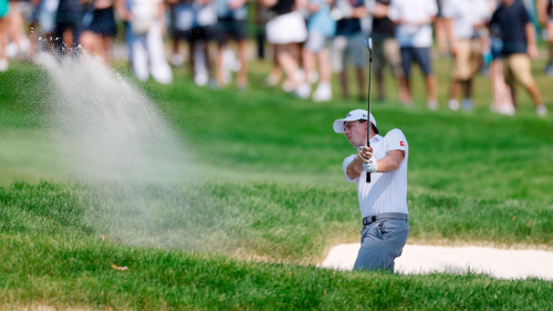 OLYMPIA FIELDS, IL - AUGUST 20: Matt Fitzpatrick of England hits a shot from a greenside bunker at the 8th hole during the final round of the BMW Championship at Olympia Fields Country Club on August 18, 2023 in Olympia Fields, Illinois. (Photo by Joe Robbins/Icon Sportswire via Getty Images)