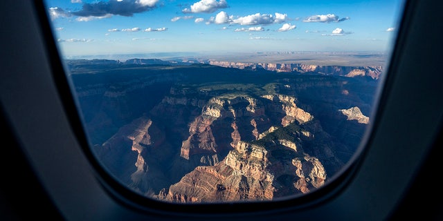 View of the Grand Canyon from an airplane window