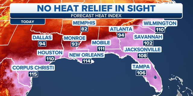Southern heat index forecast map