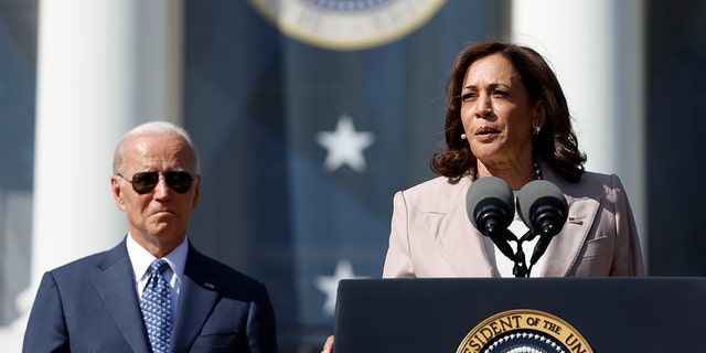 Vice President Kamala Harris gives remarks, alongside President Joe Biden, at an event celebrating the passage of the Inflation Reduction Act on the South Lawn of the White House on Sept. 13, 2022 in Washington, D.C.