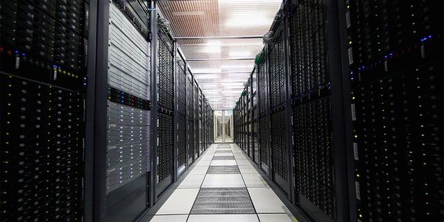 A hallway of computer servers.