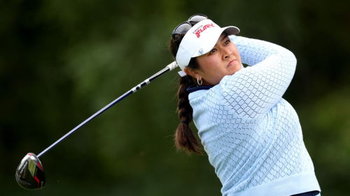 TADWORTH, ENGLAND - AUGUST 12: Lilia Vu of the United States plays her tee shot on the 8th hole on Day Three of the AIG Women's Open at Walton Heath Golf Club on August 12, 2023 in Tadworth, England. (Photo by Andrew Redington/Getty Images)