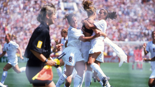 Soccer: FIFA World Cup Final: USA Brandi Chastain (6) victorious with Shannon MacMillan (8) and Kate Sobrero (20) after scoring game winning goal on penalty kick vs China at Rose Bowl Stadium. Pasadena, CA 7/10/1999 CREDIT: Robert Beck (Photo by Robert Beck /Sports Illustrated via Getty Images) (Set Number: X58263 TK4 R4 F25 )