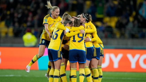 Sweden's Stina Blackstenius celebrates after scoring her side's 3rd goal during the Women's World Cup Group G soccer match between the Sweden and Italy in Wellington, New Zealand, Saturday, July 29, 2023. (AP Photo/John Cowpland)
