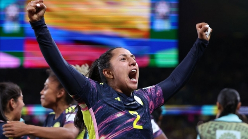 Colombia's midfielder #02 Manuela Vanegas celebrates scoring her team's second goal during the Australia and New Zealand 2023 Women's World Cup Group H football match between Germany and Colombia at Sydney Football Stadium in Sydney on July 30, 2023. (Photo by FRANCK FIFE / AFP) (Photo by FRANCK FIFE/AFP via Getty Images)
