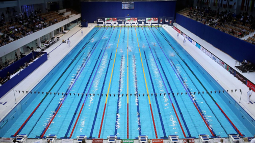 BERLIN, GERMANY - OCTOBER 13: A general view during the Mens 100m Backstroke Heats during day three of the FINA Swimming World Cup Berlin at Schwimm- und Sprunghalle im Europasportpark (SSE) on October 13, 2019 in Berlin. (Photo by Ronny Hartmann/Getty Images)
