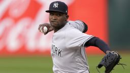 OAKLAND, CALIFORNIA - JUNE 28: Domingo German #0 of the New York Yankees pitches against the Oakland Athletics in the bottom of the first inning at RingCentral Coliseum on June 28, 2023 in Oakland, California. (Photo by Thearon W. Henderson/Getty Images)