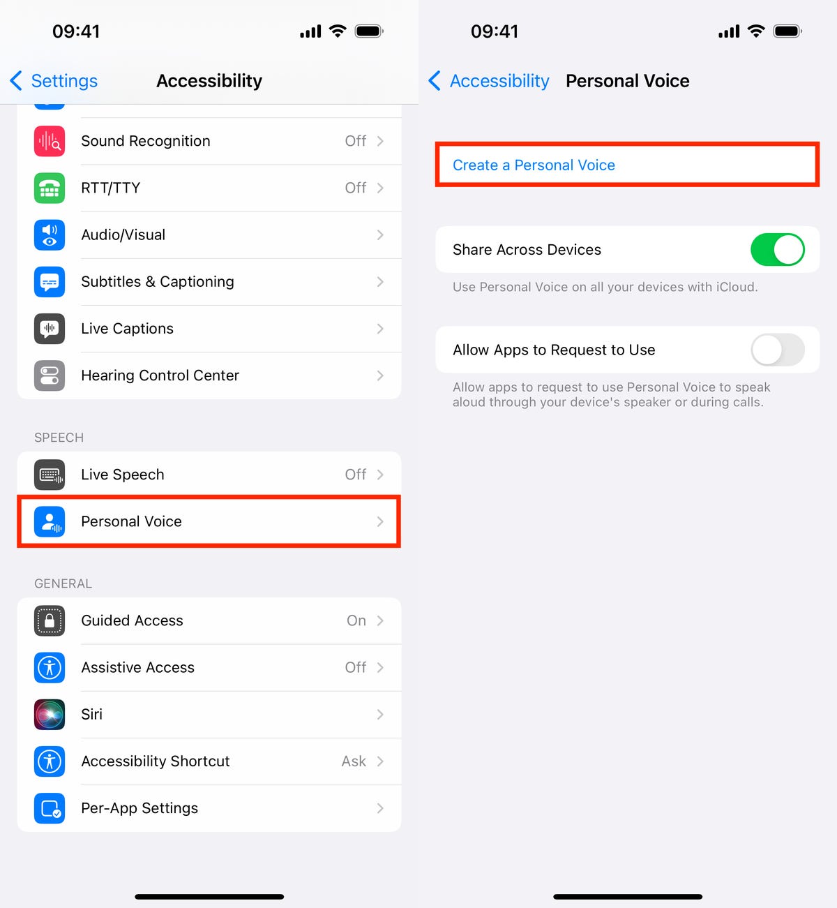 Personal Voice settings in iOS 17