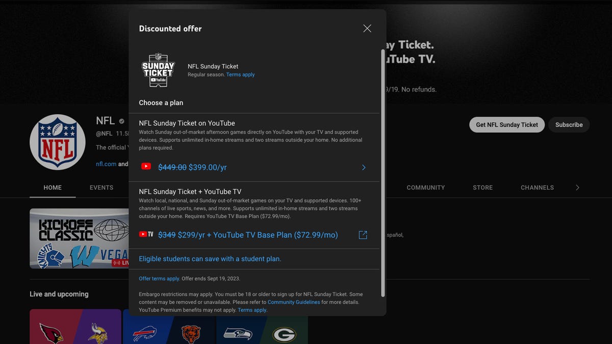 youtube sunday ticket student discount