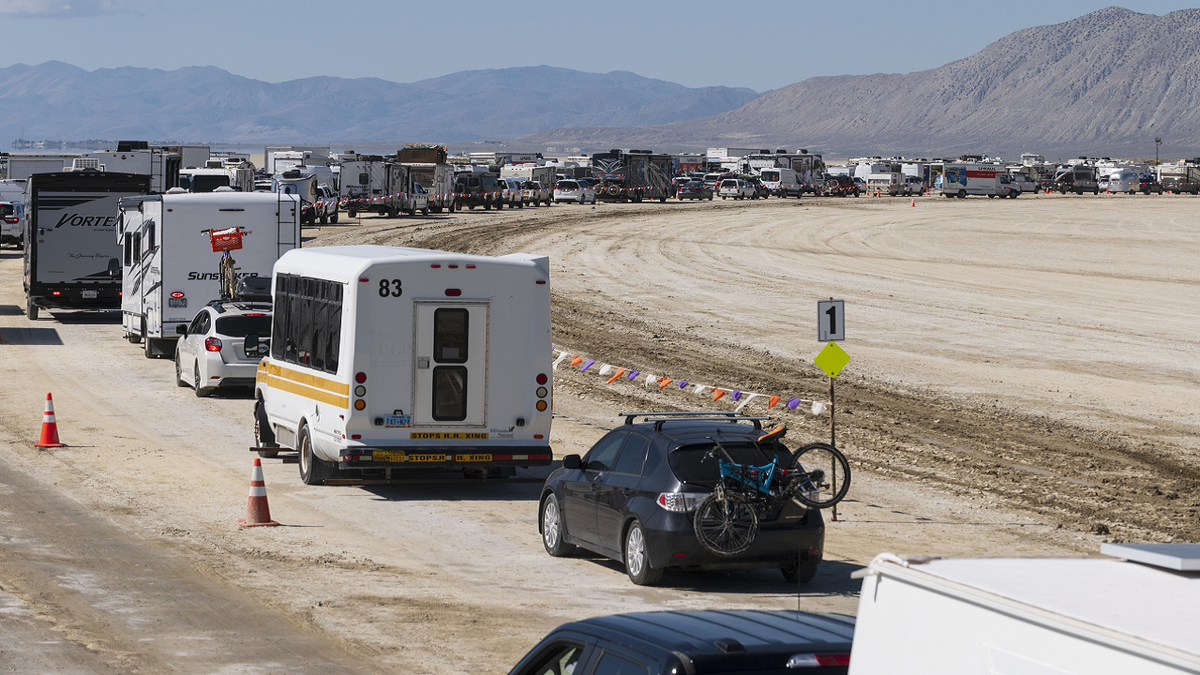 Traffic jam in Nevada desert leaving Burning Man