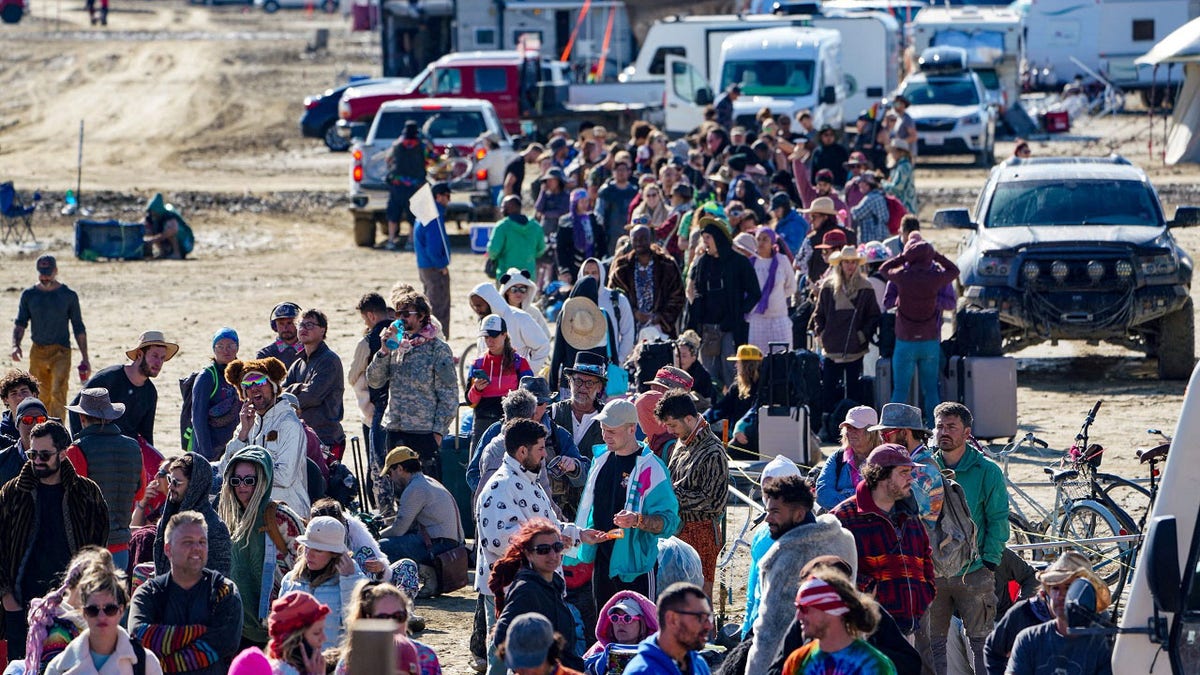 People waiting to leave Burning Man festival