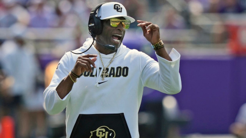 Colorado head coach Deion Sanders yells from the sidelines during the first half of an NCAA college football game against TCU Saturday, Sept. 2, 2023, in Fort Worth, Texas.