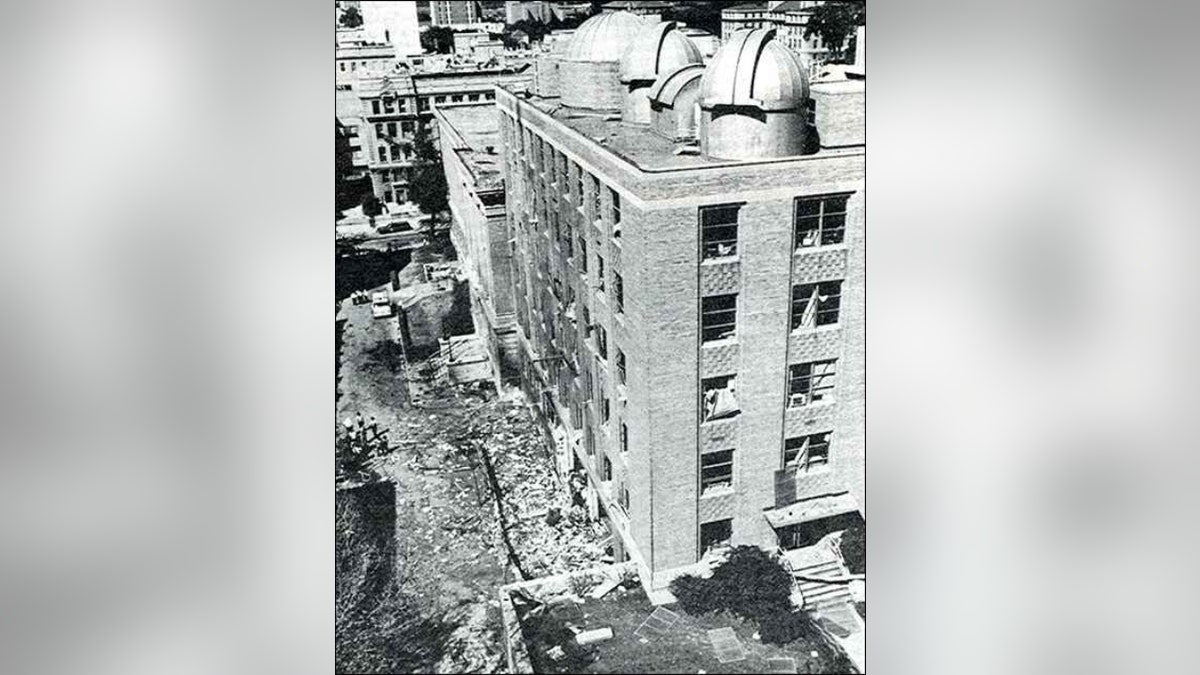 An aerial view of the Sterling Building following the University of Wisconsin bombing in 1970