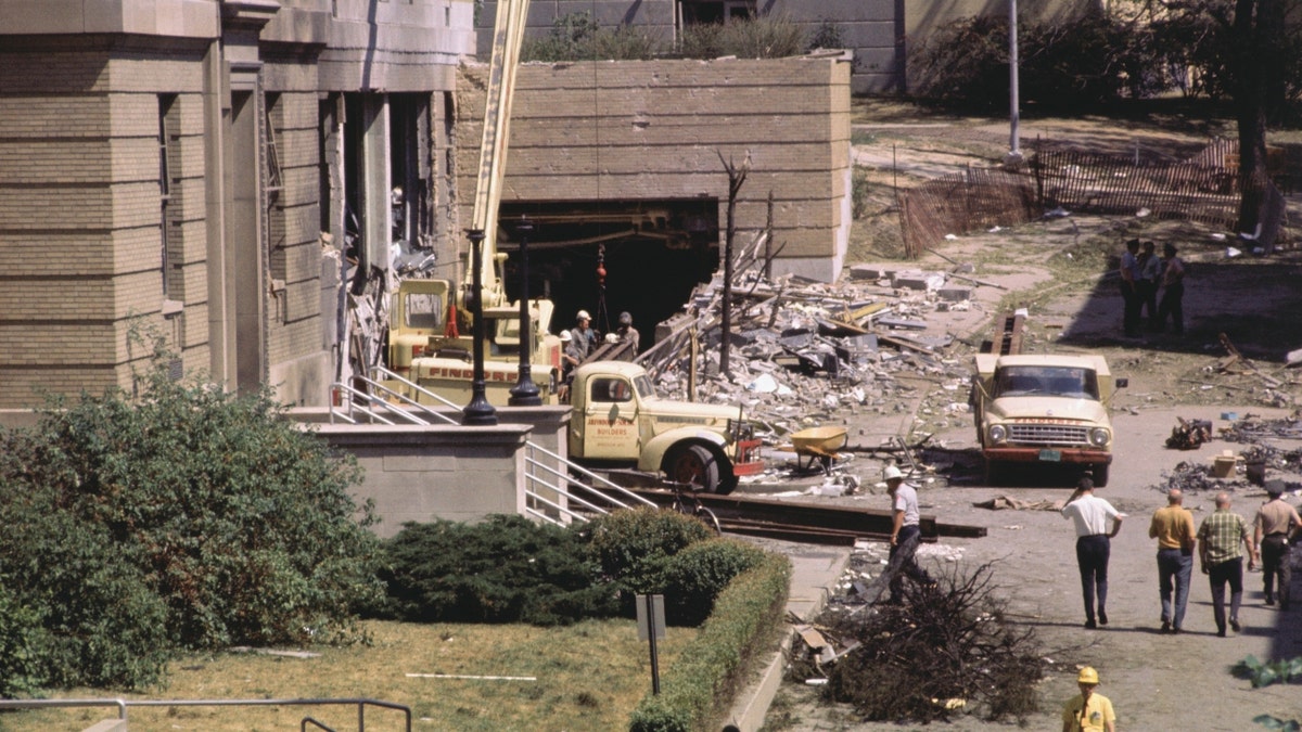 The Sterling Hall Physics building on the University of Wisconsin's campus which houses the Army Match Research Center stands shattered after an apparent bomb exploded inside the building after the Aug. 24, 1970, bombing.