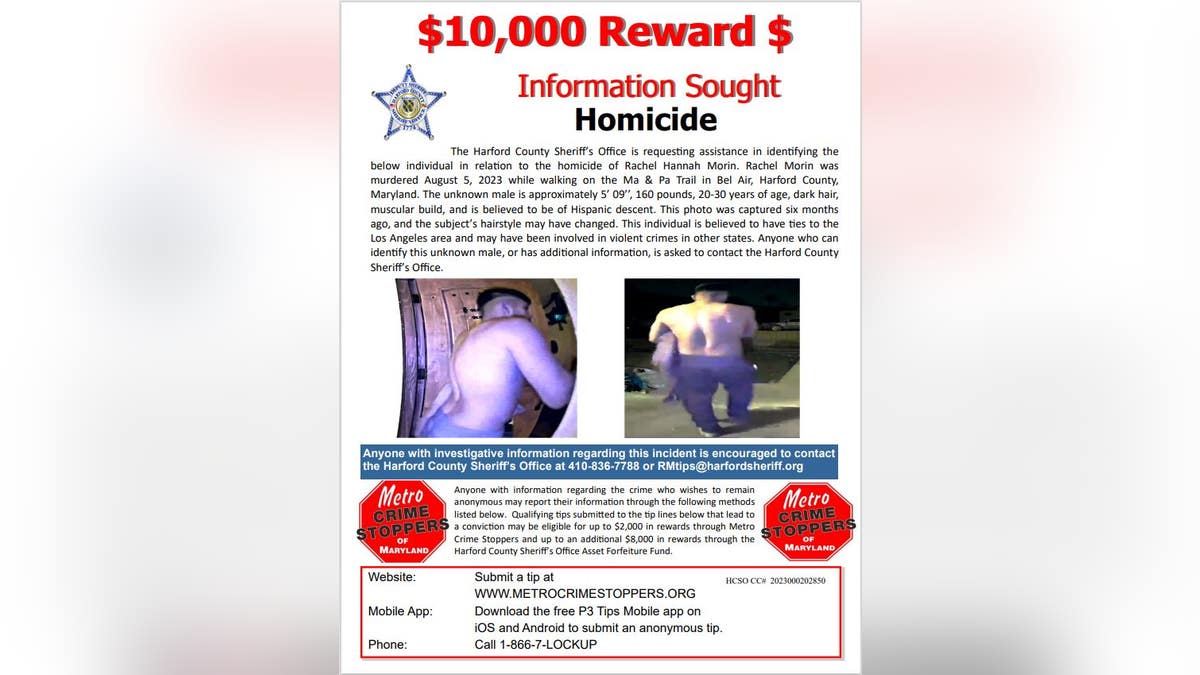 Rachel Morin reward poster with imagees of shirtless suspect