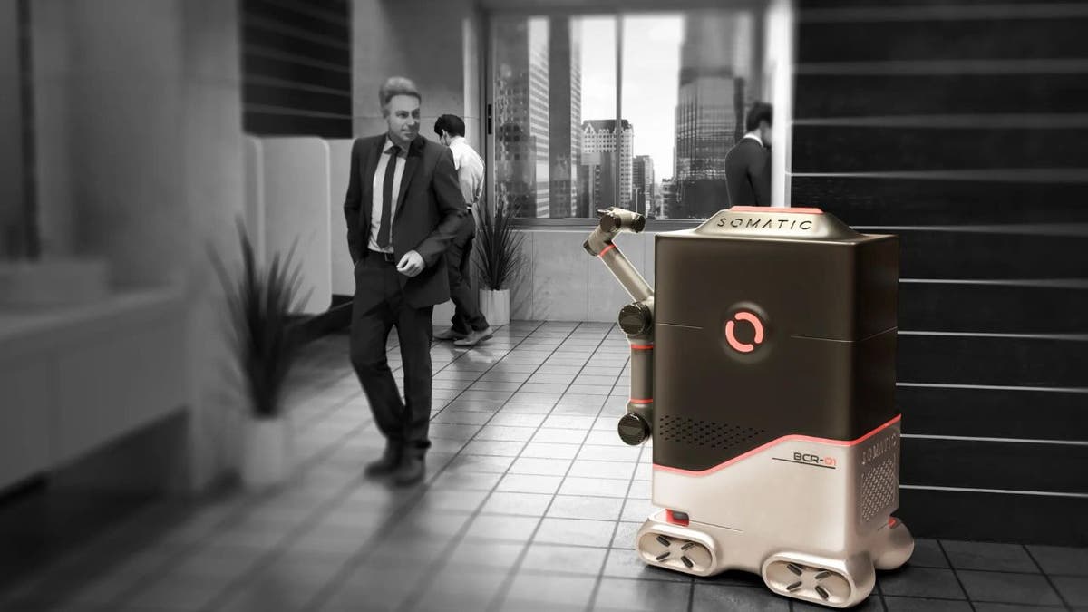 Somatic AI janitor robot shown in color next to a man in black and white