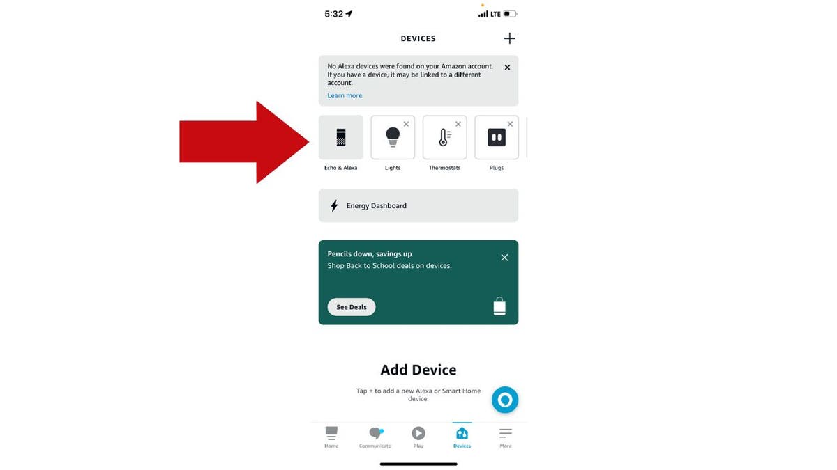 Screenshot of Alexa app, arrow pointing to Echo and Alexa in the app