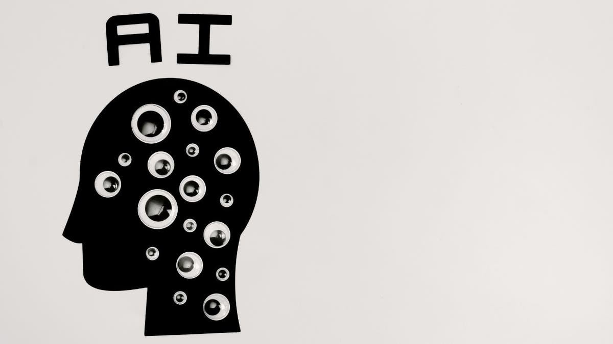 Silhouette of a head with eyes all over it and the letters "AI" above the head.
