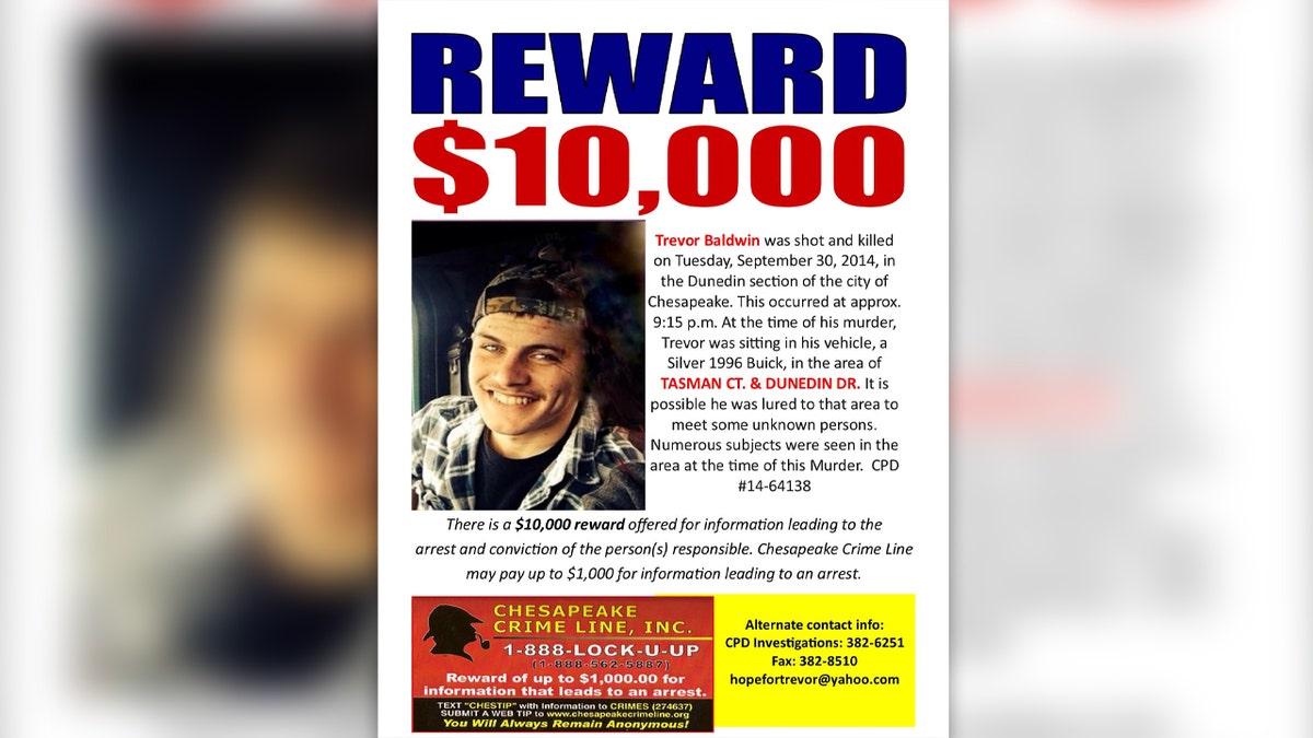 A reward of $10,000 is being offered on this flyer for information on the murder of Trevor Baldwin in Virginia