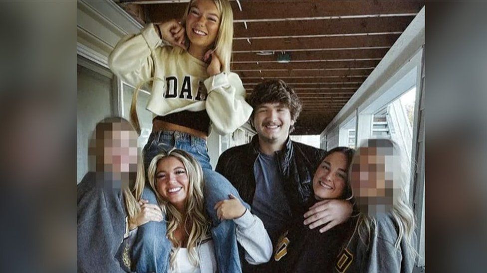 A photo of the four victims of the Idaho murders - Kaylee Goncalves and Madison Mogen, aged 21, and Xana Kernodle and Ethan Chapin, both 20 - with two other people blurred out
