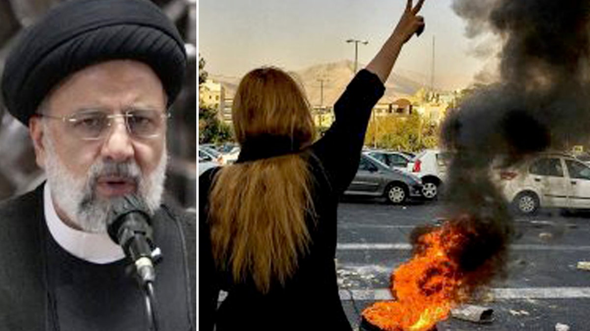 Side by side of Raisi and protests