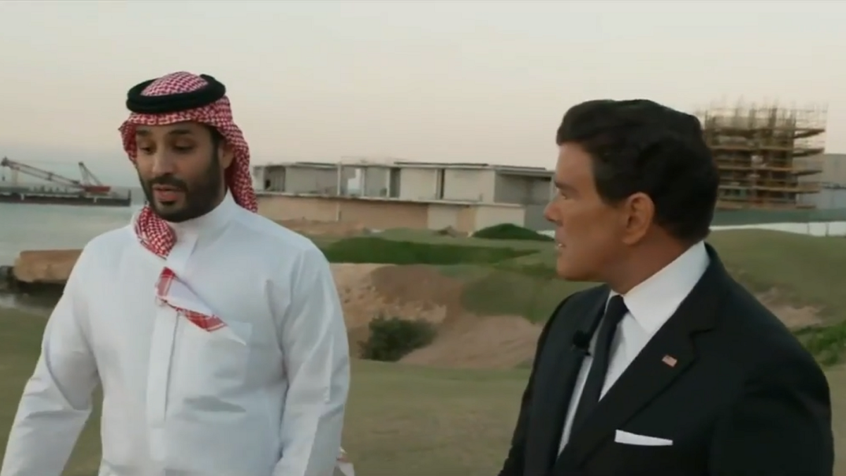 Mohammed bin Salman walking with Fox News' Bret Baier during an interview