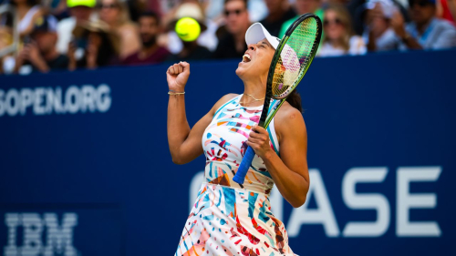 NEW YORK, NEW YORK - SEPTEMBER 02: Madison Keys of the United States celebrates defeating Liudmila Samsonova in the third round on Day 6 of the US Open at USTA Billie Jean King National Tennis Center on September 02, 2023 in New York City (Photo by Robert Prange/Getty Images)