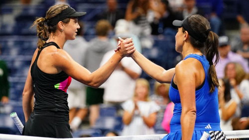 Aug 31, 2023; Flushing, NY, USA;   Jessica Pegula of the United States greets Patricia Maria Tig of Romania after their second round match on day four of the 2023 U.S. Open tennis tournament at the USTA Billie Jean King National Tennis Center. Mandatory Credit: Jerry Lai-USA TODAY Sports