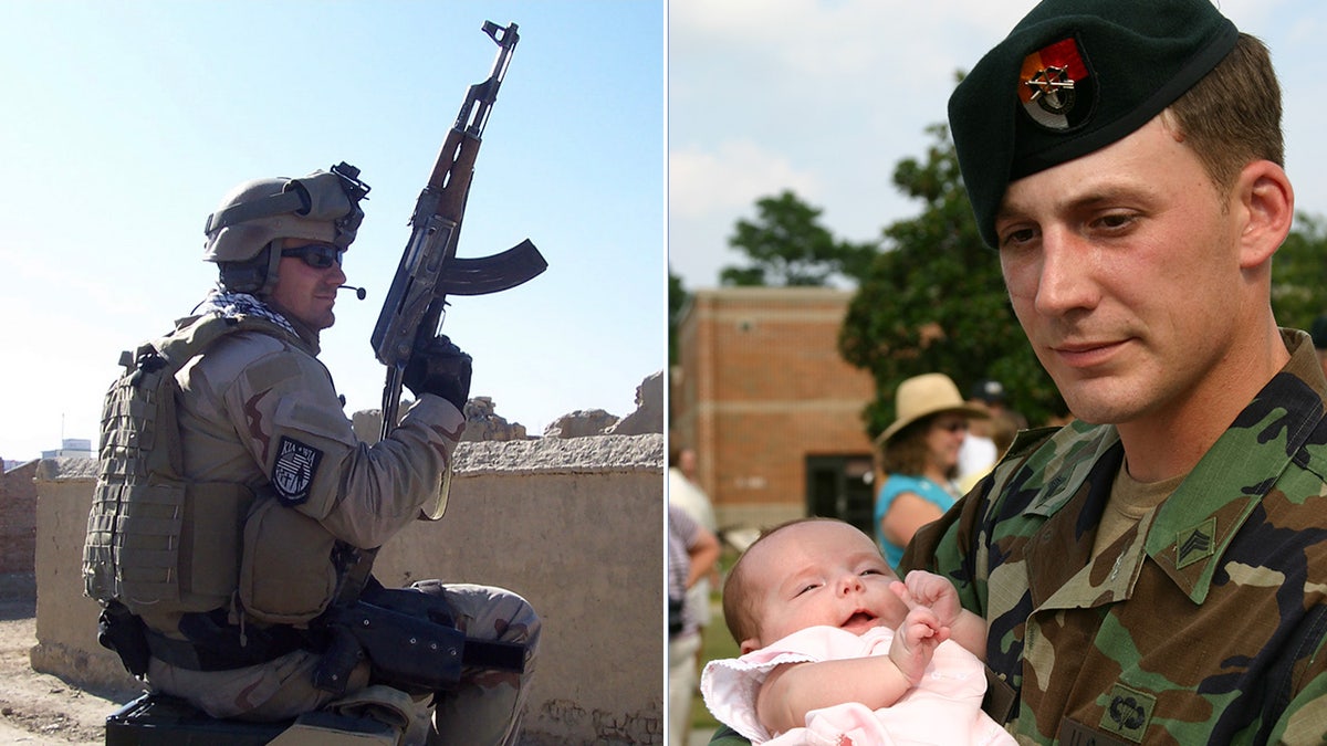 Left, James Morris on deployment holding rifle. Right, Morris holding baby daughter