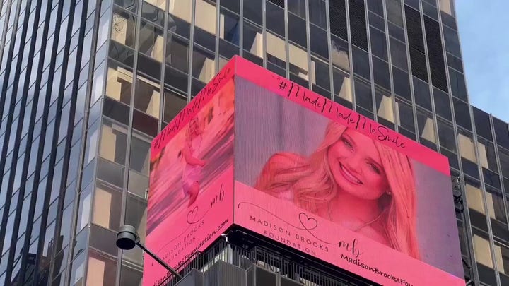 A Times Square billboard promotes the Madison Brooks Foundation