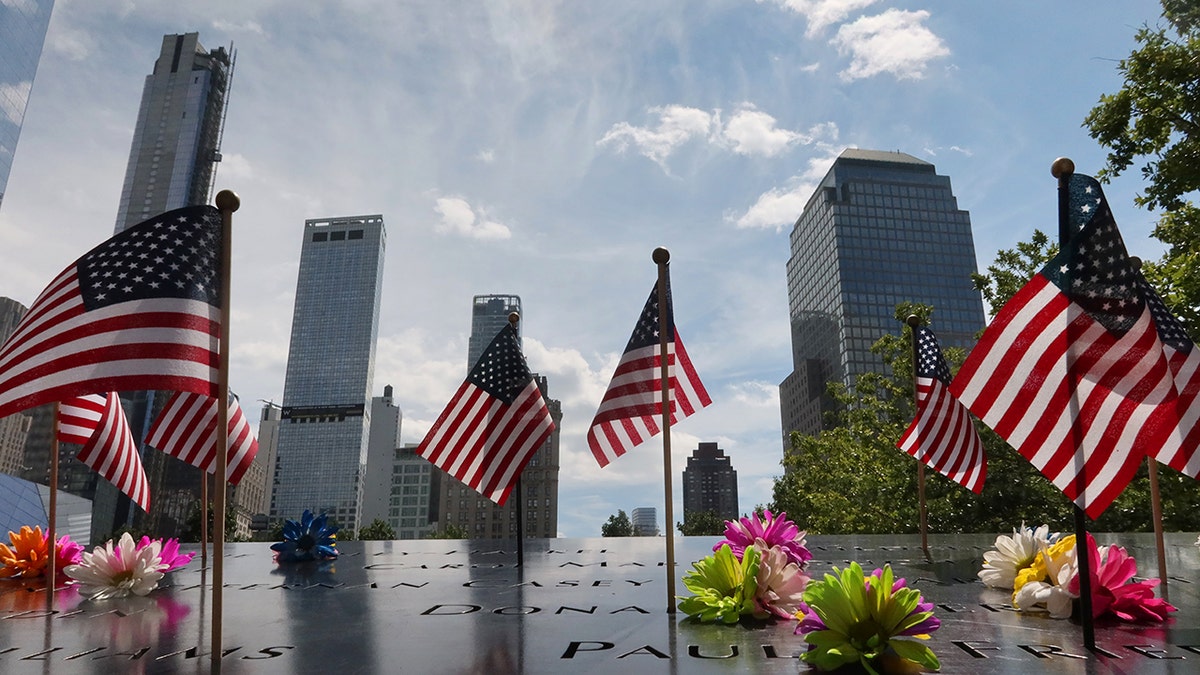 American flags on the 9/11 memorial