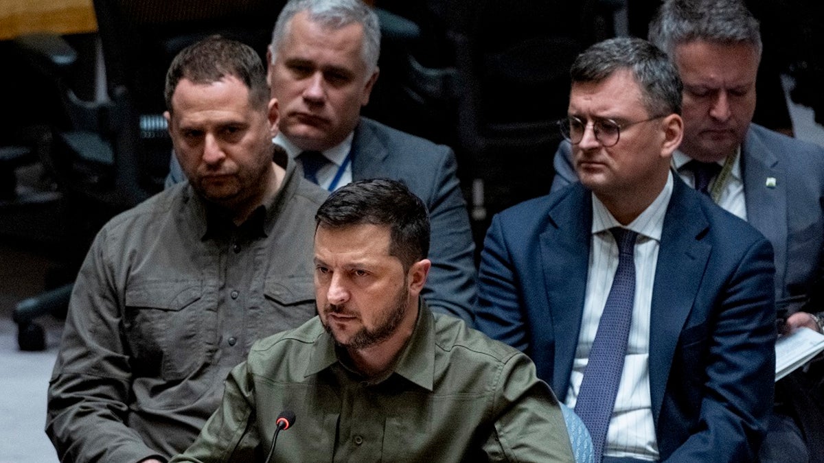 Ukrainian President Volodymyr Zelenskyy speaks at the U.N. Security Council about his country's war with Russia