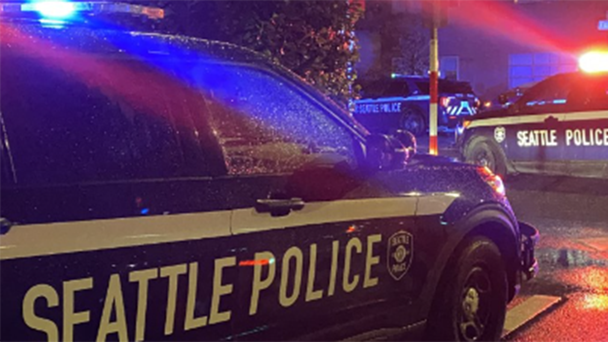 Seattle Police cars at night with emergency lights on
