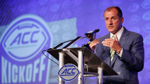 Atlantic Coast Conference commissioner Jim Phillips speaks during an NCAA college football news conference in Charlotte, North Carolina, on July 20, 2022.