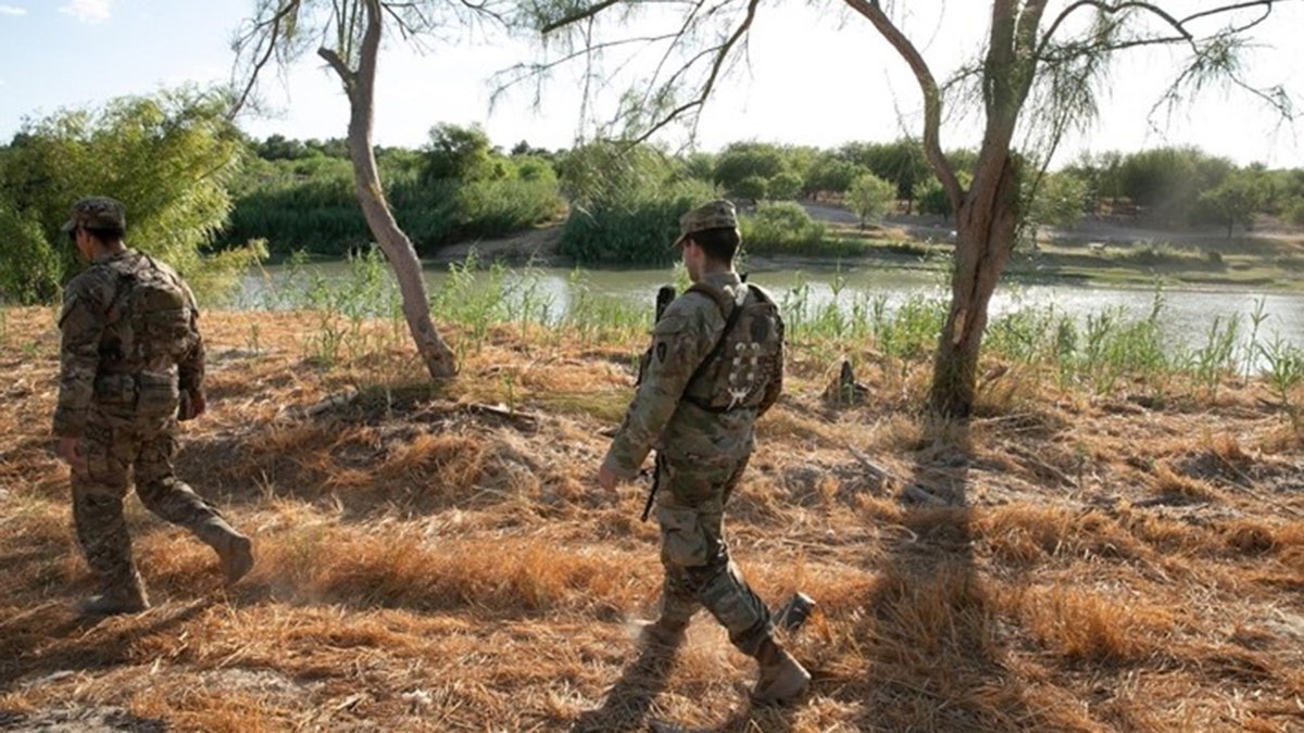 Texas Army National Guard walks by border brush