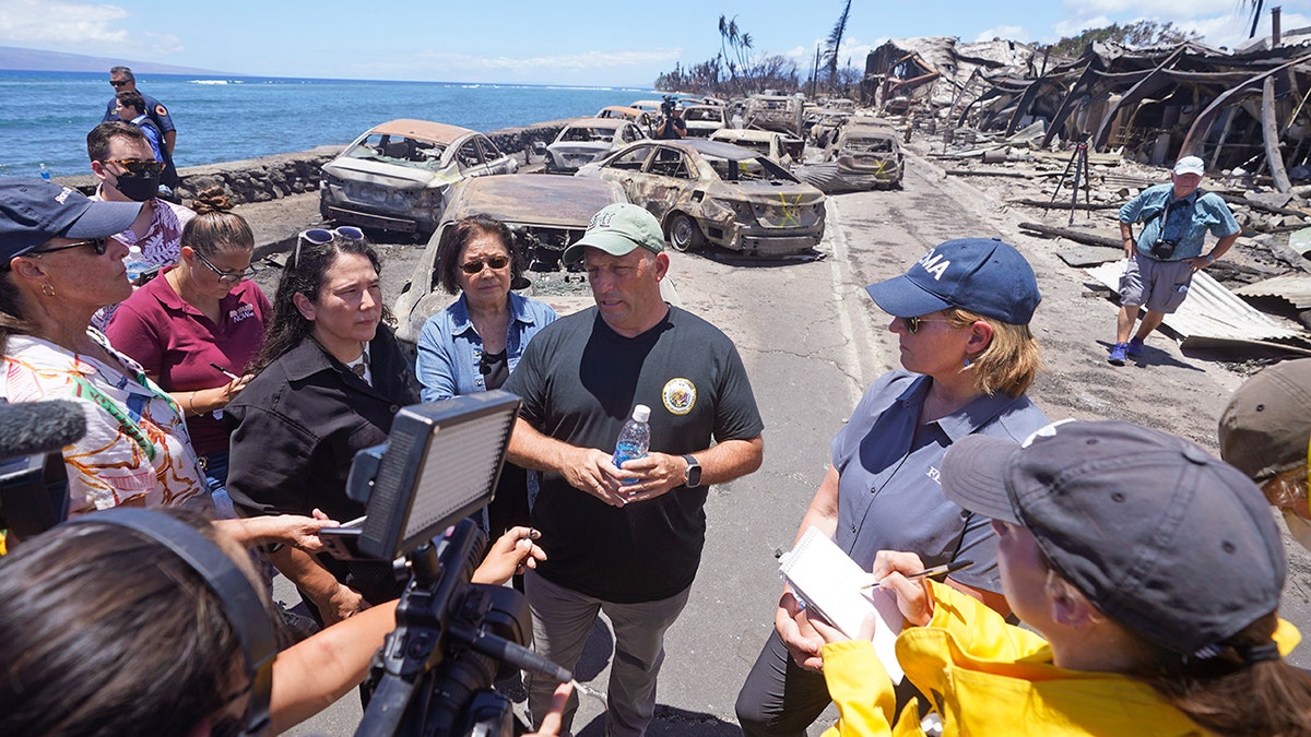 Democratic Gov. Josh Green speaks to reporters after Maui wildfire