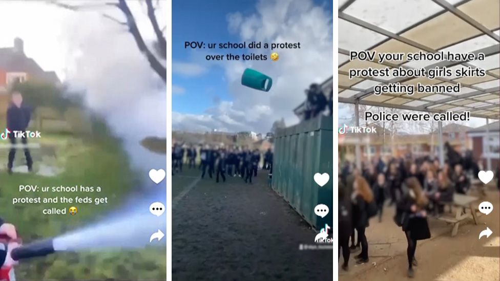 A composite image of three TikTok videos from UK schools protests, with two saying that police were called and another apparently showing a bin being thrown by students