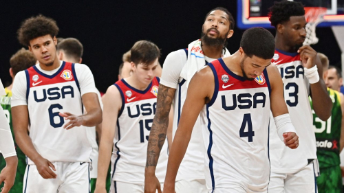 Basketball - FIBA World Cup 2023 - Second Round - Group J - United States v Lithuania  - Mall of Asia Arena, Manila, Philippines - September 3, 2023 Tyrese Haliburton of the U.S. looks dejected after the match