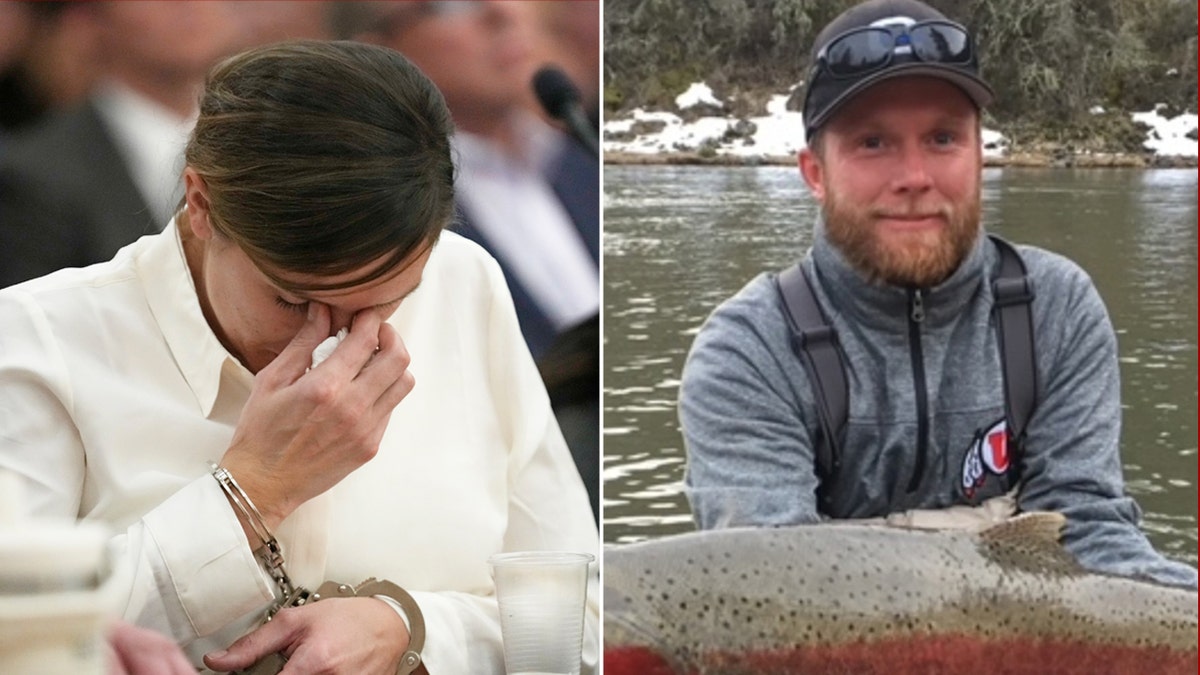 A split image of Kouri Richins crying in court and her husband Eric Richins fishing
