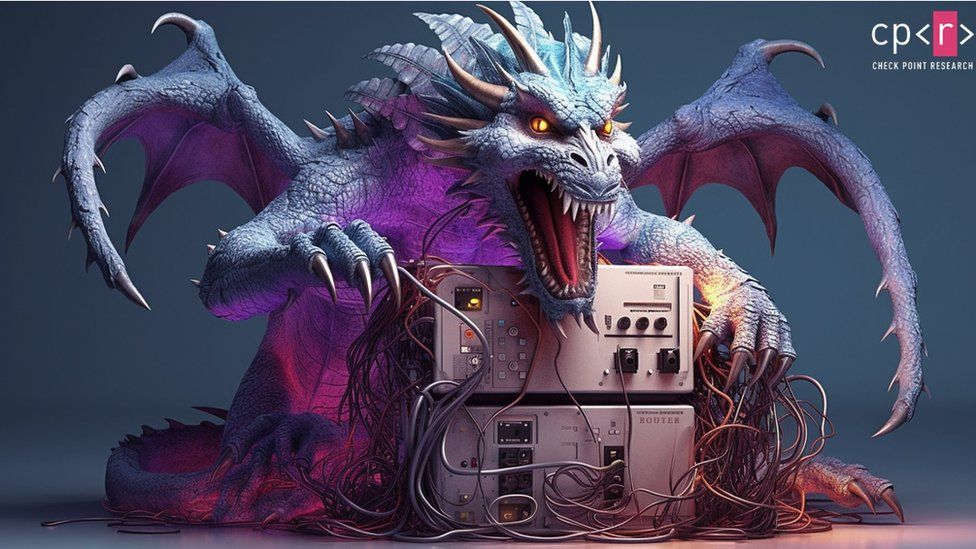 Checkpoint illustration of a dragon with computers