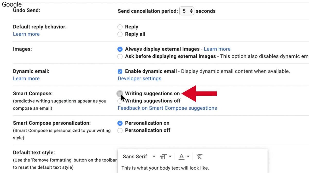 Arrow pointing to the writing suggestions options.
