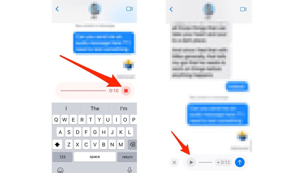 Two screenshots showing you how to stop recording and listen to your message.