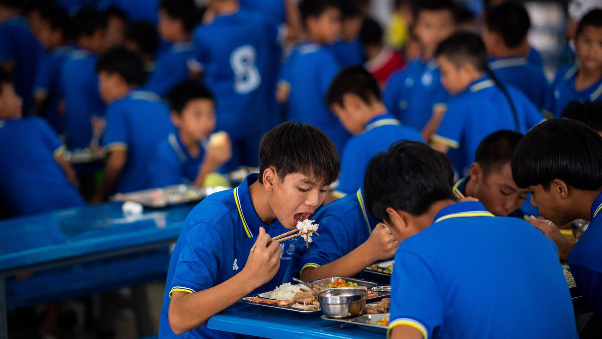 Chinese boys in cafeteria at lunch