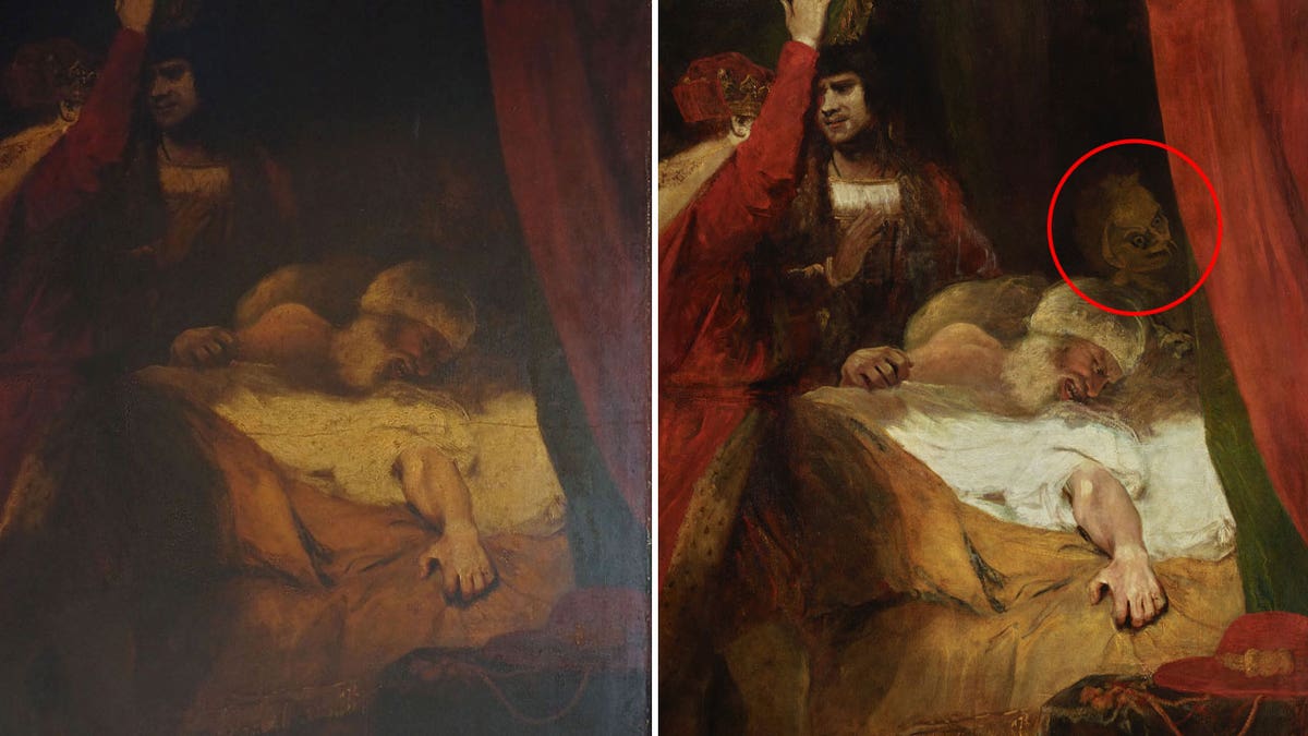 Joshua Reynolds painting before (left) and after restoration