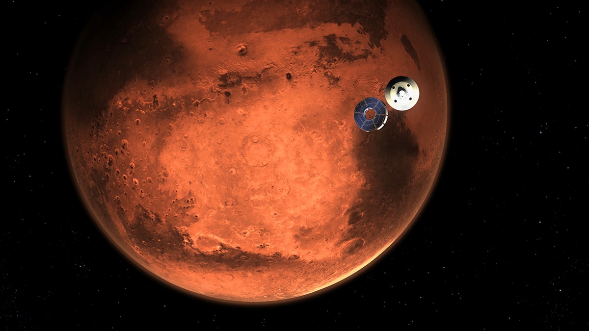 A small landing spacecraft approaches Mars, it is an illustration from NASA