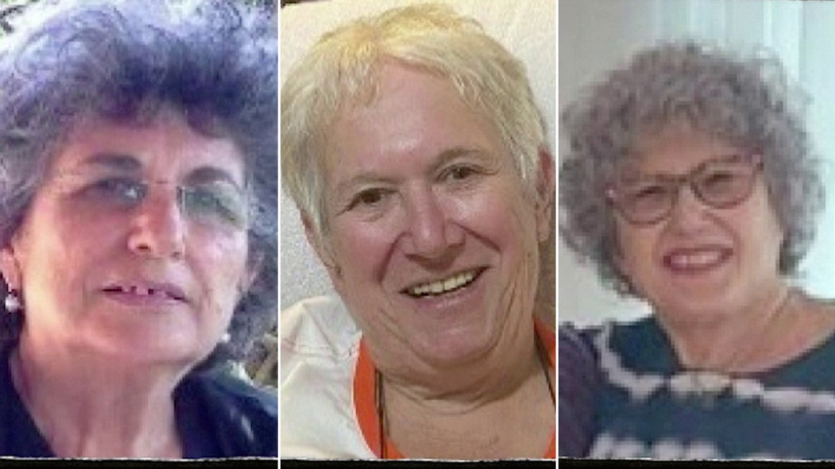 Split image of freed Israeli hostages Adina Moshe, left, Margalit Mozes, middle, and Ruthie Munder, right,