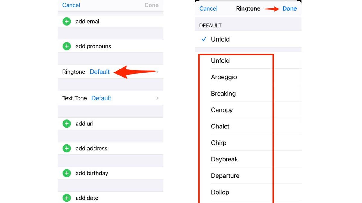 Screenshot of selecting a ringtone for a contact in iPhone