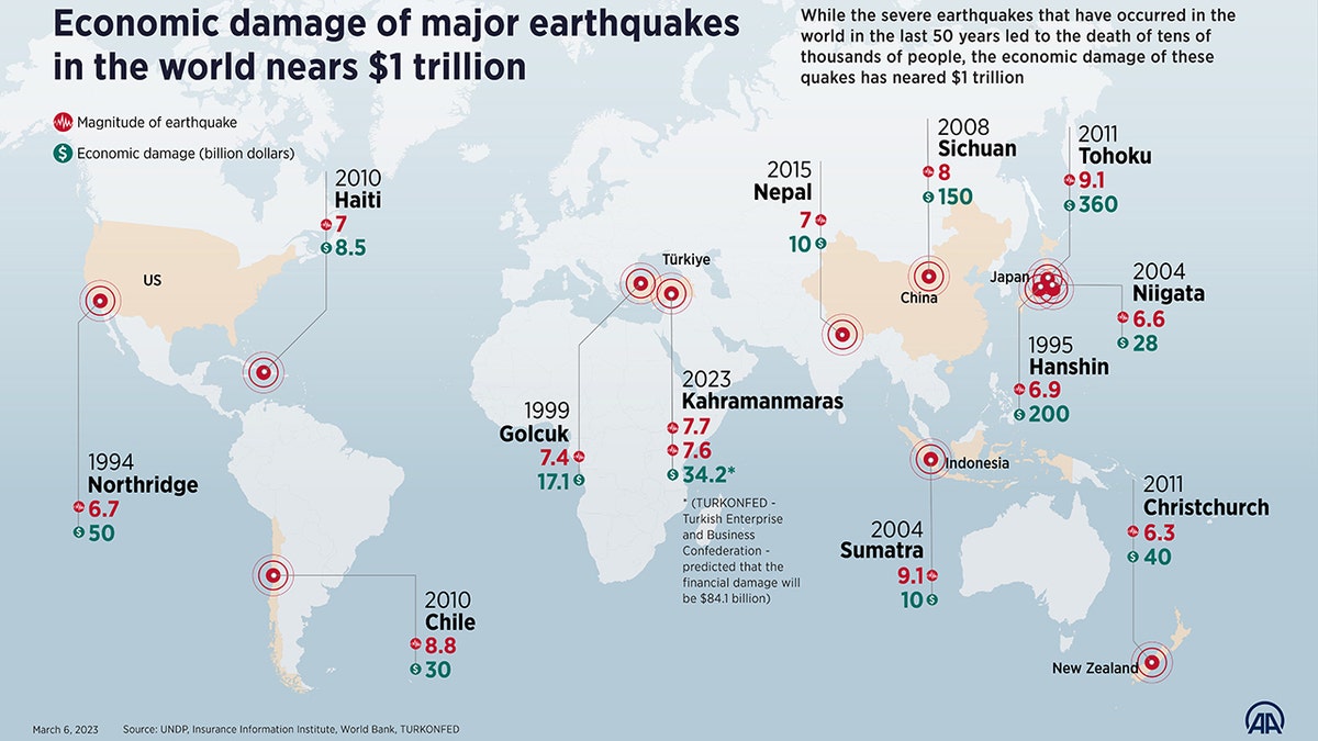 Map of cities that suffered earthquakes