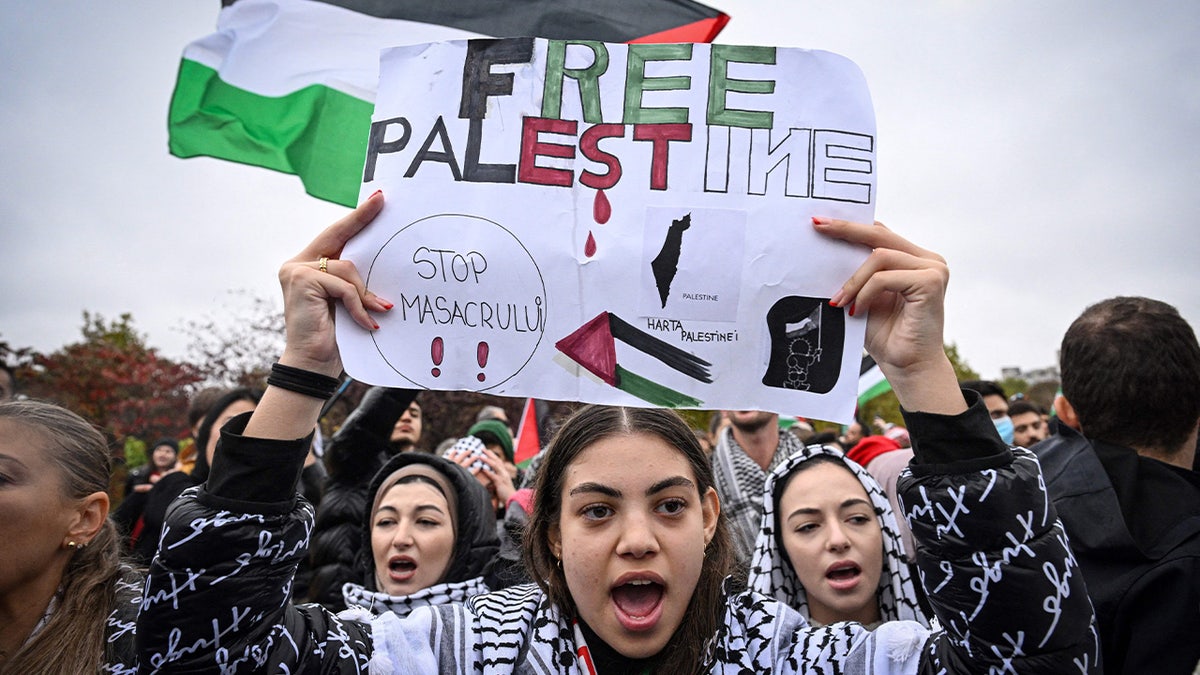 A woman holds a "Free Palestine" sign
