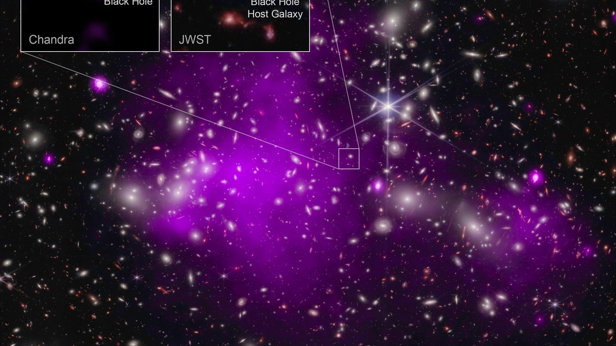 A composite image of space with many galaxies and gas clouds shown